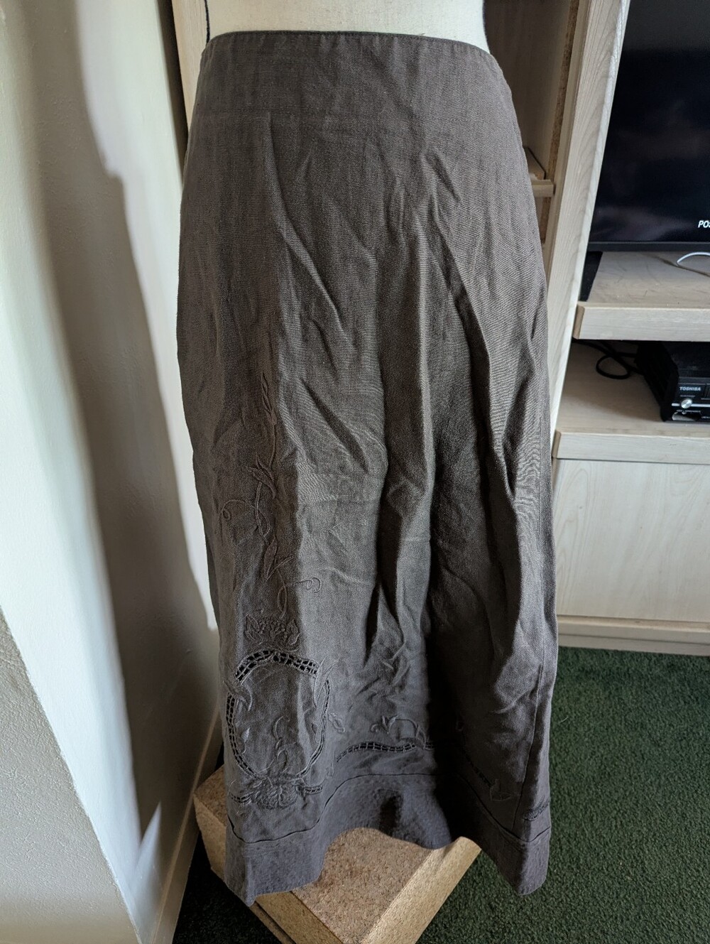 CAbi Brown Embroidered A-Line Skirt